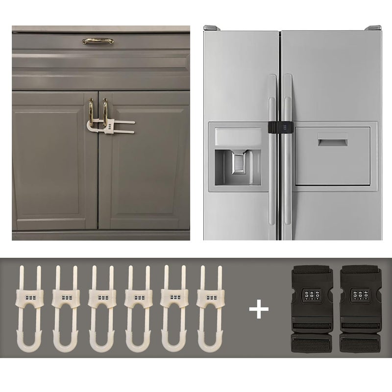 Premium ChildProof Safety Bundle 6 Sets of Adjustable Sliding Cabinet Door Code Locks  2 Sets Fridge Freezer Lock Latch  Secure Easy Install No Damage 1000 Combinations - Image 1