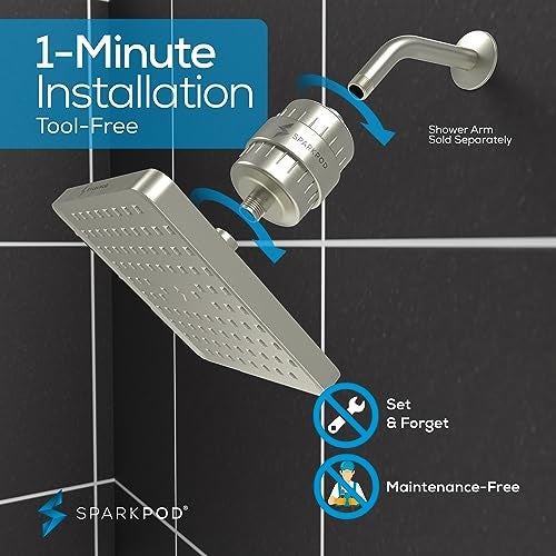 SparkPod Luxury Filtered Shower Head Set 23 Stage Shower Filter - Reduces Chlorine and Heavy Metals - High Pressure Showerhead Filter (8" Square, Elegant Brushed Nickel) - Image 5