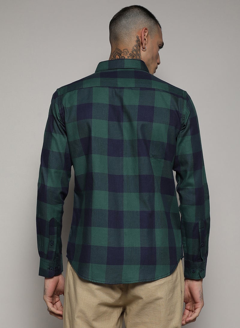 Campus Sutra Campus Sutra Men's Navy Blue & Forest Green Buffalo Check Shirt For Casual Wear | Spread Collar | Long Sleeve | Button Closure | Cotton Shirt Crafted With Comfort Fit For Everyday Wear  - Image 5