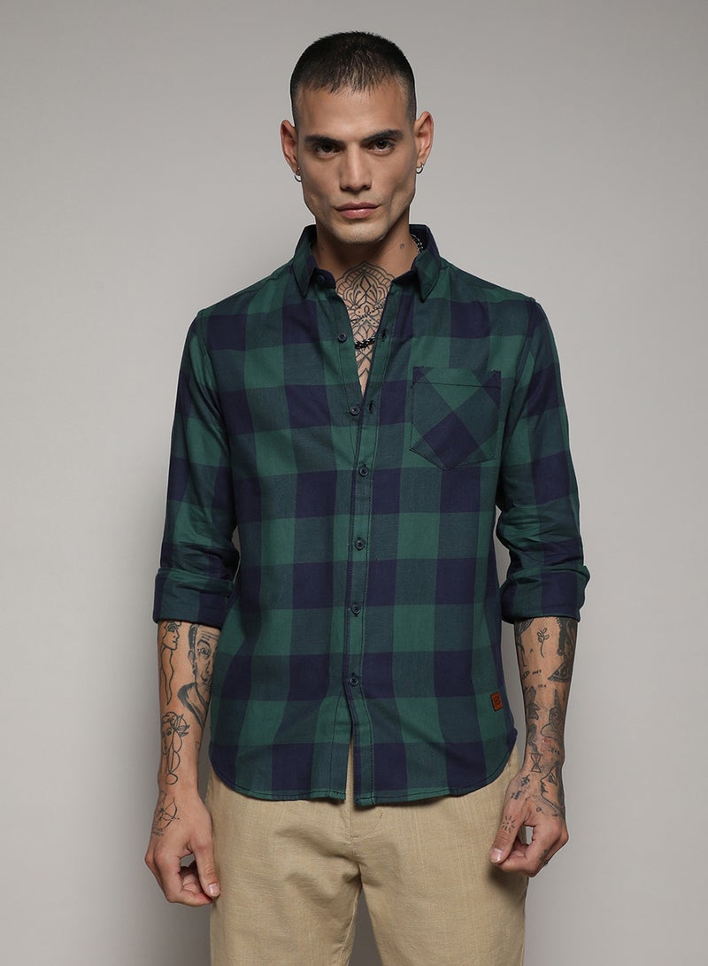Campus Sutra Campus Sutra Men's Navy Blue & Forest Green Buffalo Check Shirt For Casual Wear | Spread Collar | Long Sleeve | Button Closure | Cotton Shirt Crafted With Comfort Fit For Everyday Wear  - Image 2