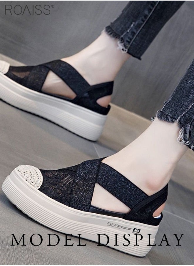 roaiss - Fashionable Closed Toe Lace Thick Sole Casual Shoes Women'S Versatile Elastic Strap Side Hollow Summer Sandals - Image 1