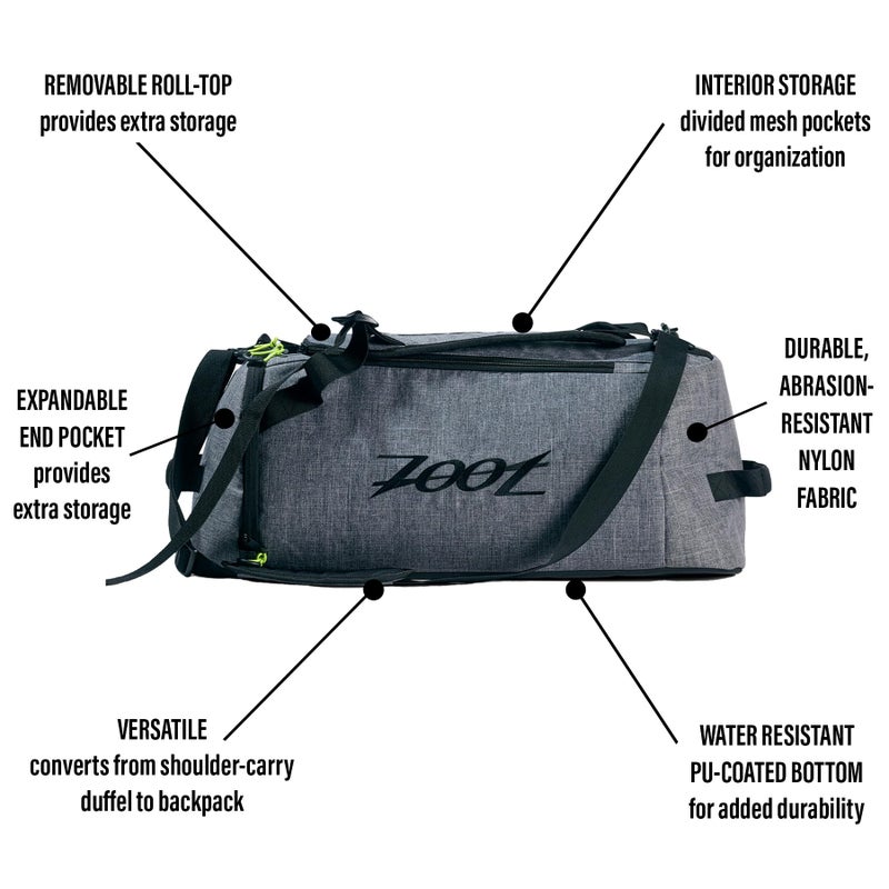 Zoot Ultra Tri Duffel, Triathlon Transition Bag or Backpack, with Wet Storage for Men & Women, Travel, Gym, Race Day, Grey - Image 2
