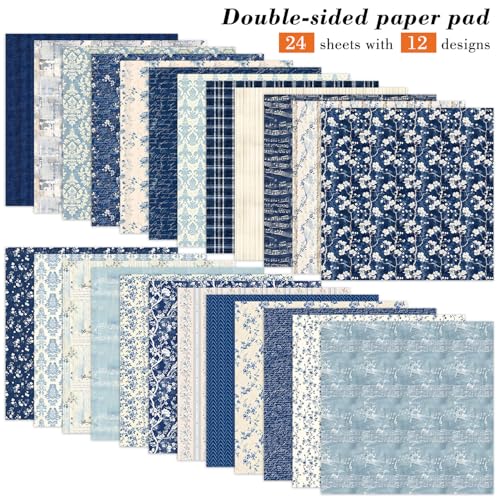 EAMOTOL 6 Inch Blue Floral Aesthetic Scrapbooking Paper Pad - 24 Sheets Double Sided Patterns for Background Photos Junk Journal Card Making Origami DIY Crafts Gifts Wrapping Material - Image 2
