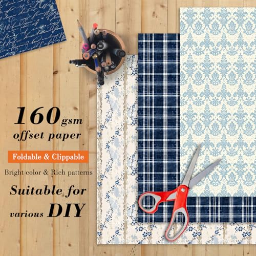 EAMOTOL 6 Inch Blue Floral Aesthetic Scrapbooking Paper Pad - 24 Sheets Double Sided Patterns for Background Photos Junk Journal Card Making Origami DIY Crafts Gifts Wrapping Material - Image 3