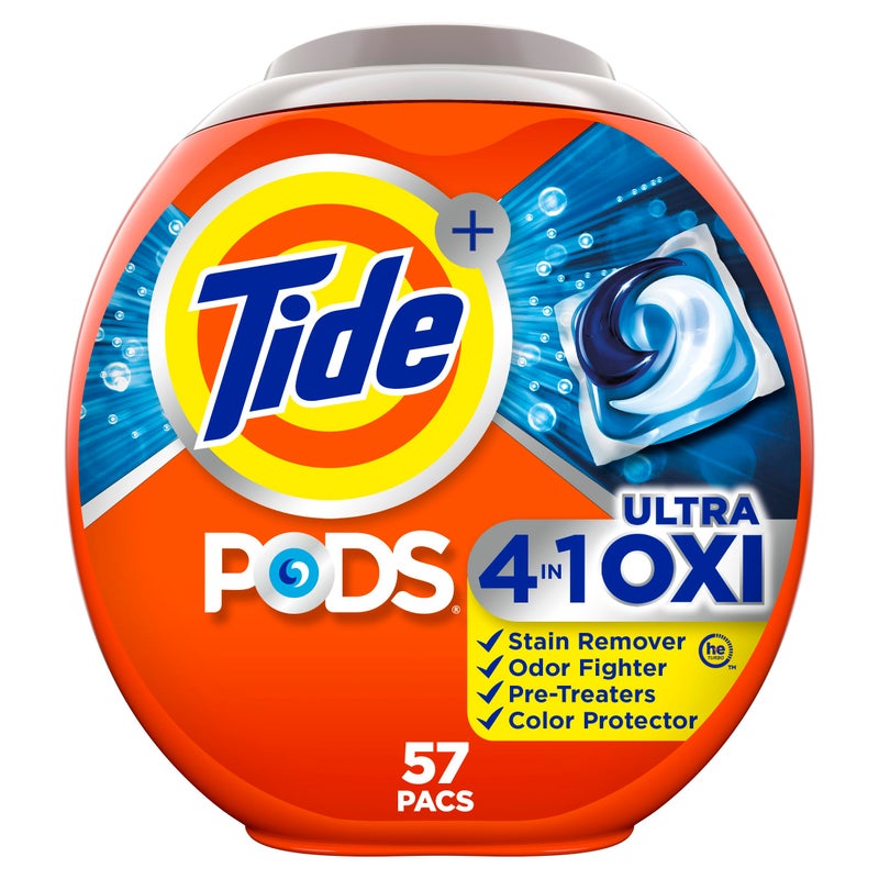 Tide PODS Liquid Laundry Detergent Soap Pacs, 4-in-1 Ultra Oxi, HE Compatible, Built in Pre-treater for Stains, 57 Count, Tide Pods Laundry Detergent, Laundry Pods Detergent - Image 1