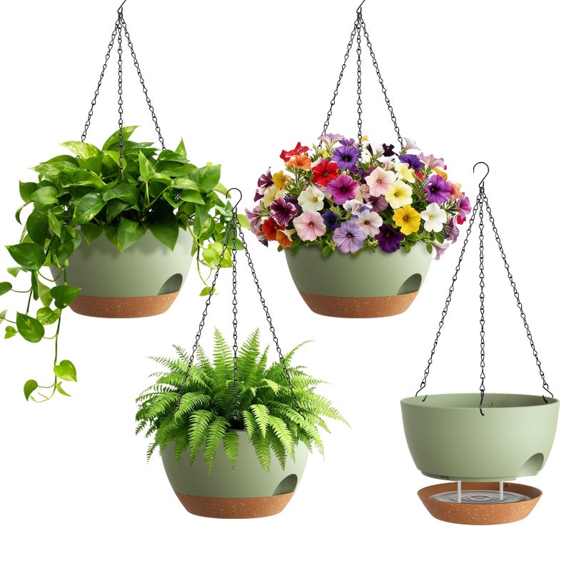 UOUZ 4 Pack 8 Inch Self Watering Hanging Planters for Indoor Outdoor Plantsï¼ŒHanging Pots for Plants with Drainage Removable Tray, Hanging Baskets Flower Pots for Pothos Spider Garden Green with Brown - Image 1