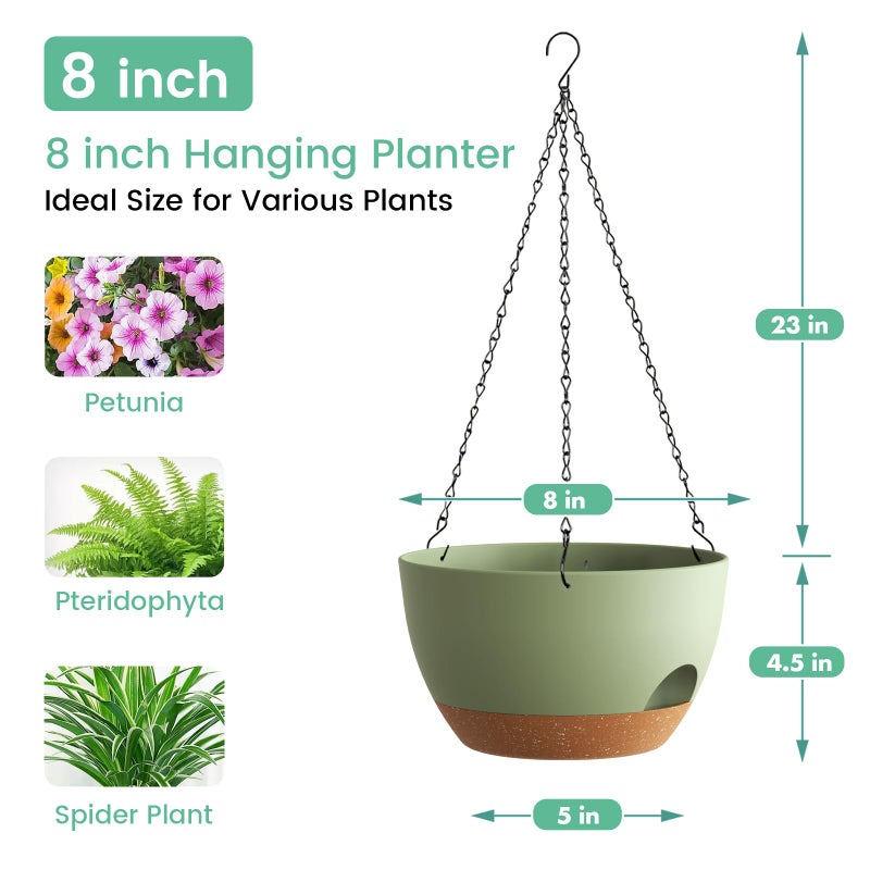 UOUZ 4 Pack 8 Inch Self Watering Hanging Planters for Indoor Outdoor Plantsï¼ŒHanging Pots for Plants with Drainage Removable Tray, Hanging Baskets Flower Pots for Pothos Spider Garden Green with Brown - Image 3