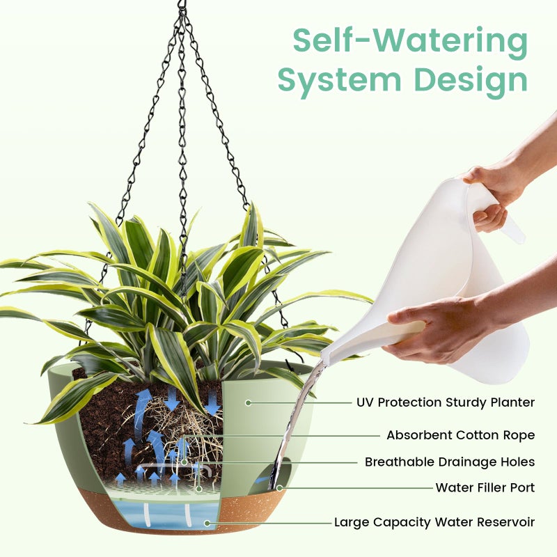 UOUZ 4 Pack 8 Inch Self Watering Hanging Planters for Indoor Outdoor Plantsï¼ŒHanging Pots for Plants with Drainage Removable Tray, Hanging Baskets Flower Pots for Pothos Spider Garden Green with Brown - Image 4
