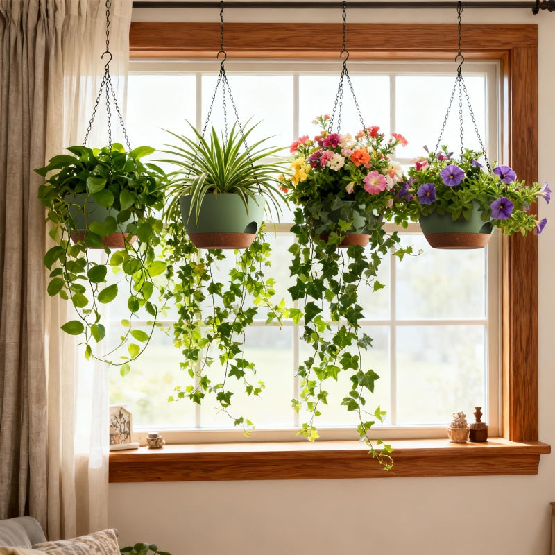 UOUZ 4 Pack 8 Inch Self Watering Hanging Planters for Indoor Outdoor Plantsï¼ŒHanging Pots for Plants with Drainage Removable Tray, Hanging Baskets Flower Pots for Pothos Spider Garden Green with Brown - Image 2