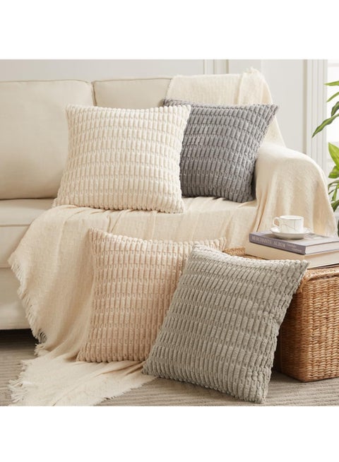Pillow Cover 4 Packs, Neutral Decorative Throw Pillow Covers 18x18 Inch, for Living Room Couch Bed Sofa, Rustic Farmhouse Boho Home Decor, Soft Plush Striped Corduroy Square Cushion Case 45x45 cm