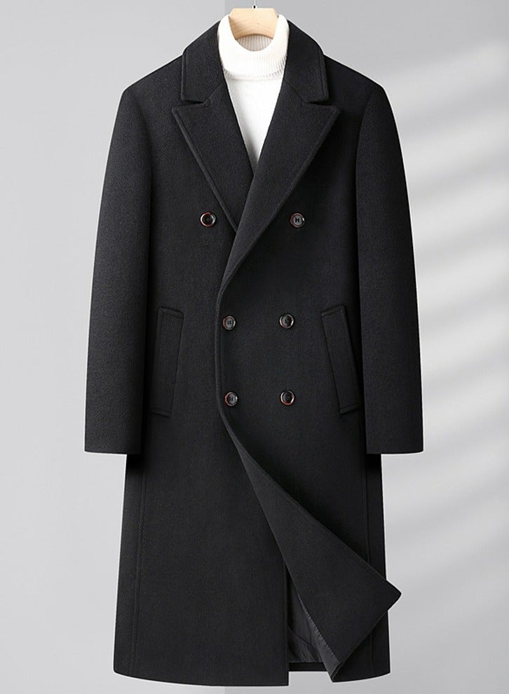 Loquat Men's Woolen Casual Trench Coat Slim Fit Suit Collar Long Jacket Overcoat with Pockets Black 