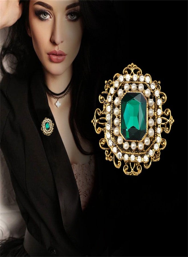 WCRAZYE Antique Rhinestone Brooch Pin for Women Girls Gold Tone Vintage Baroque Rectangle Crystal Shell Pearl Boho Victorian Style Brooches Lapel Pins Elegant Wedding Christmas Festival Ornament Jewelry Gift (Green) - Image 2