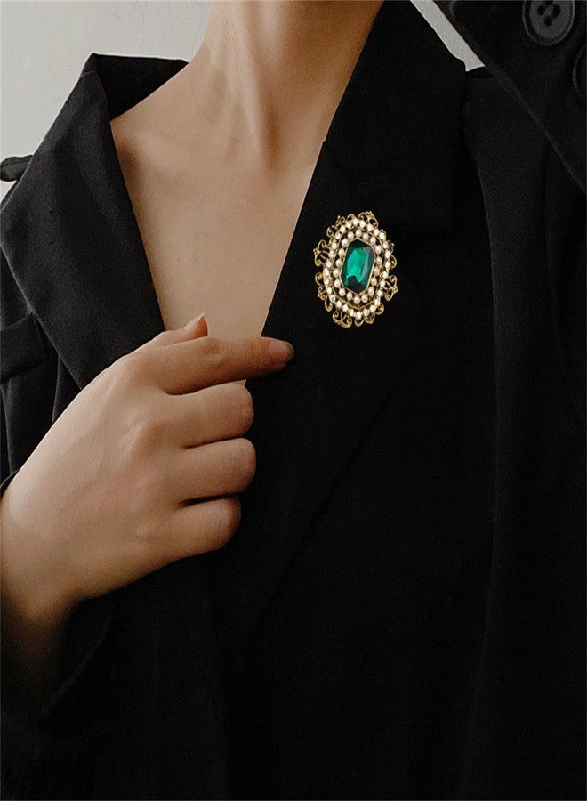 WCRAZYE Antique Rhinestone Brooch Pin for Women Girls Gold Tone Vintage Baroque Rectangle Crystal Shell Pearl Boho Victorian Style Brooches Lapel Pins Elegant Wedding Christmas Festival Ornament Jewelry Gift (Green) - Image 4