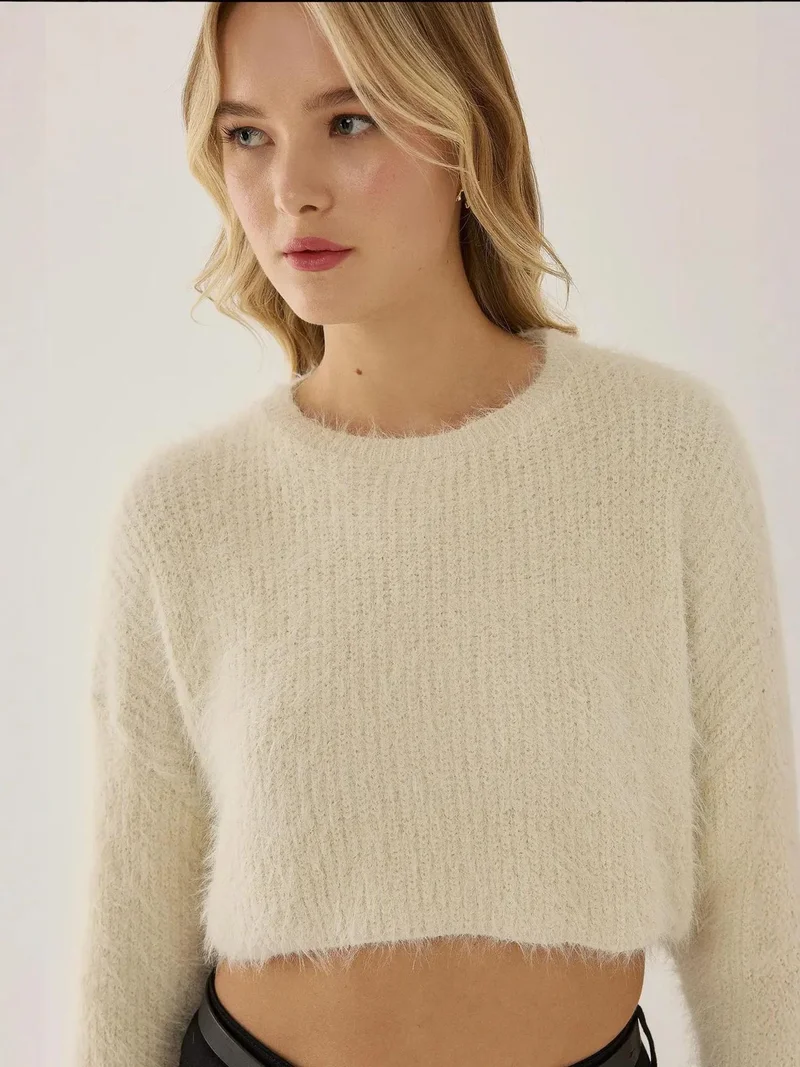 زوبعة كنزة قصيرة بنقوش وياقة دائرية