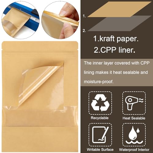 Blisstime 50 Pack Kraft Paper Stand Up Pouch Bags, Resealable Bag with Transparent Window and Tear Notch for Multipurpose Storage (7 X 10.2 Inches) - Image 4