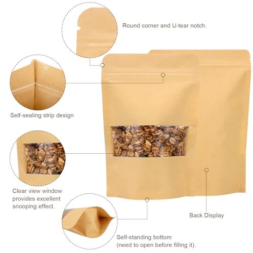 Blisstime 50 Pack Kraft Paper Stand Up Pouch Bags, Resealable Bag with Transparent Window and Tear Notch for Multipurpose Storage (7 X 10.2 Inches) - Image 3