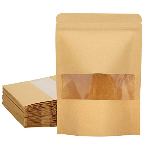 Blisstime 50 Pack Kraft Paper Stand Up Pouch Bags, Resealable Bag with Transparent Window and Tear Notch for Multipurpose Storage (7 X 10.2 Inches) - Image 1