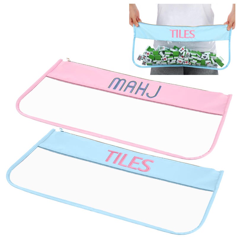 SilTriangle 2 Pcs Empty Mahjong Tile Bag 209 x 945 Inch American PVC Clear Mahjong Case Size 166 Waterproof Zippered Storage Tile Holder Rack Bag for Game Lover Gift Travel Case OnlyBluePink - Image 3