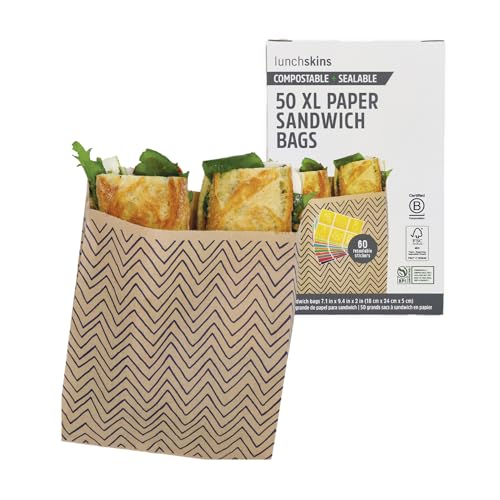 Lunchskins Compostable XL Sandwich Bags – 50 Count | Chevron Design | Eco-Friendly Food Storage Bags Made from Unbleached Kraft Paper with Recyclable Resealable Stickers - Image 1