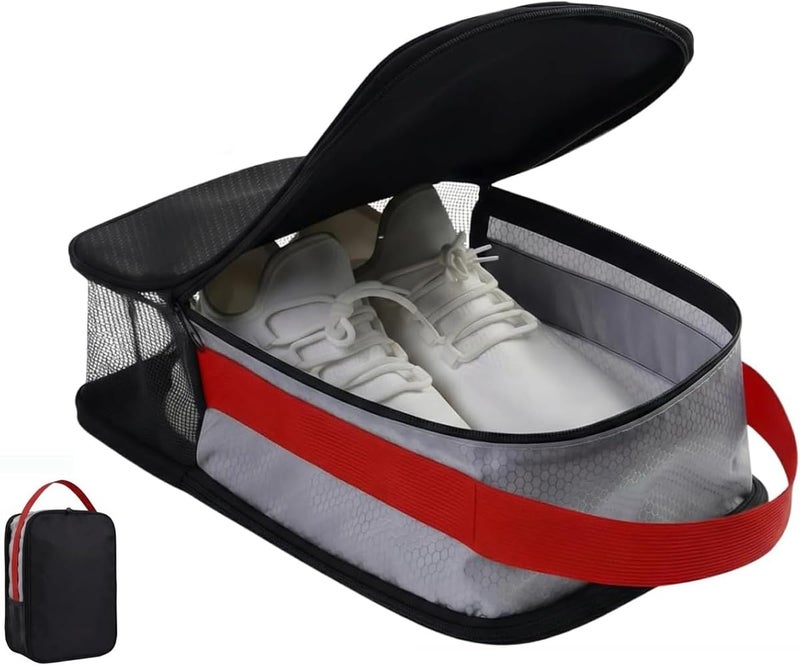 SYOSI Golf Shoe Bag, Waterproof Nylon Sports Footwear Carrier with Dual Compartments and Internal Divider, Breathable Mesh Ventilation Pouch with Handle for Travel and Gym, Red Black, 1 Pack - Image 1
