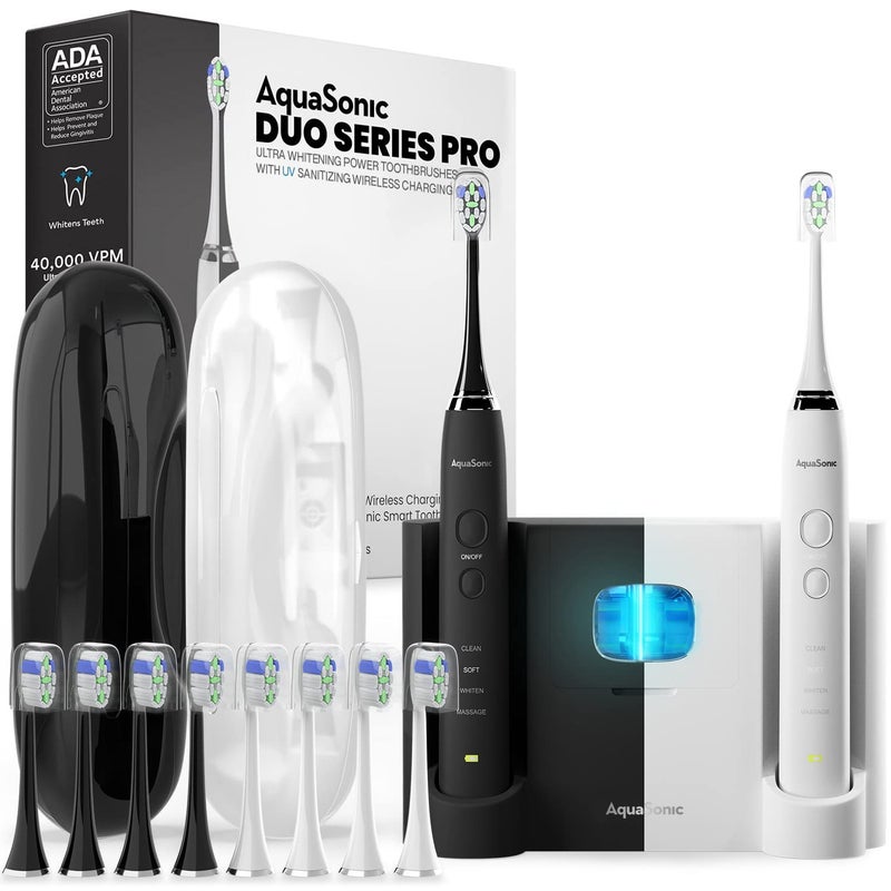 AquaSonic DUO PRO – Ultra Whitening 40,000 VPM Electric ToothBrushes – ADA Accepted - 4 Modes with Smart Timers - UV Sanitizing & Wireless Charging Base - 10 ProFlex Brush Heads & 2 Travel Cases - Image 1