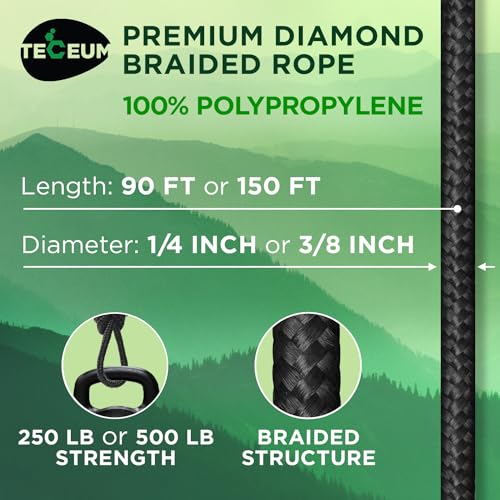 TECEUM Rope 1000lb – 1/4” & 3/8” – 90 FT | 150 FT – Strong All-Purpose Utility Rope – Camping, Crafting, Flag Pole, Indoor & Outdoor – Polypropylene Nylon Poly Lightweight Diamond Braided Cord – Black - Image 2