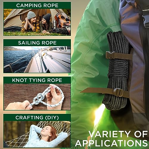TECEUM Rope 1000lb – 1/4” & 3/8” – 90 FT | 150 FT – Strong All-Purpose Utility Rope – Camping, Crafting, Flag Pole, Indoor & Outdoor – Polypropylene Nylon Poly Lightweight Diamond Braided Cord – Black - Image 5