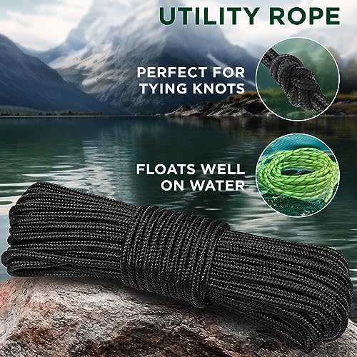 TECEUM Rope 1000lb – 1/4” & 3/8” – 90 FT | 150 FT – Strong All-Purpose Utility Rope – Camping, Crafting, Flag Pole, Indoor & Outdoor – Polypropylene Nylon Poly Lightweight Diamond Braided Cord – Black - Image 3
