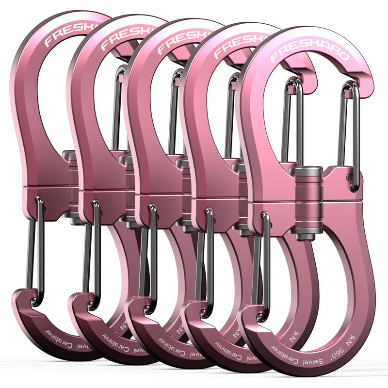 FresKaro 1kN Pink Carabiner Clips, Heavy Duty Double-Ended Wire Gate Carbineers, Small Non Locking Carabiners, Key Clip and Keychain Hook, Strong Aluminum Spring Snap Karabiners, 360 Swivel 5pcs - Image 1