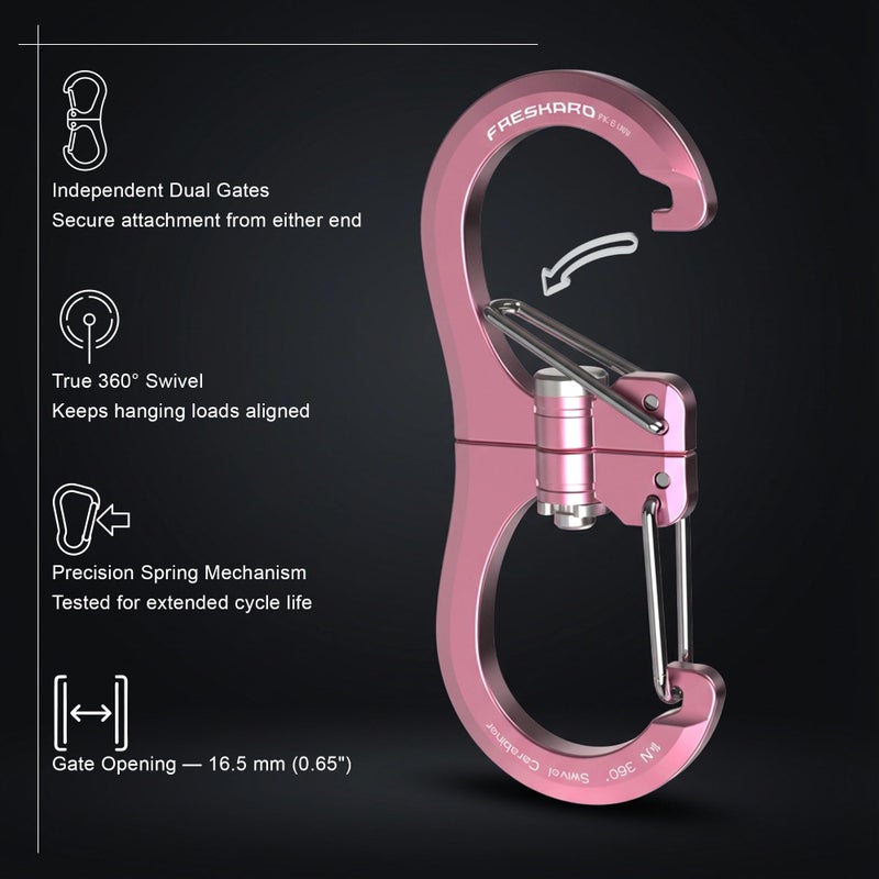 FresKaro 1kN Pink Carabiner Clips, Heavy Duty Double-Ended Wire Gate Carbineers, Small Non Locking Carabiners, Key Clip and Keychain Hook, Strong Aluminum Spring Snap Karabiners, 360 Swivel 5pcs - Image 3