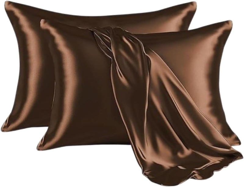 RENVA Set of 2 Satin Silk Pillowcase for Hair and Skin Standard Size 18"X 28" with Soft Breathable Smooth Cooling Pillow Covers for Sleeping (2, Brown) - Image 1