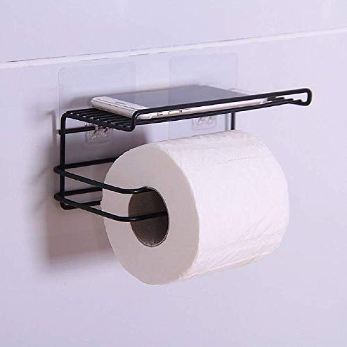 Zeinwap Self Adhesive Wall Mounted Toilet Paper Holder - Tissue Roll Holder with Storage Shelf Iron Black Coated (Metal, 1 Pc) - Image 2