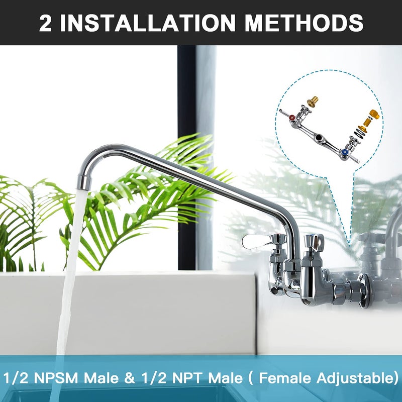 Favorpo Wall Mount Faucet 8 Inch Center Commercial Kitchen Faucet, 12 Inches Swivel Spout Wall Mounted Restaurant Sink Faucets 2 Handle Commercial Faucets for Laundry Utility(Polished,12") - Image 4