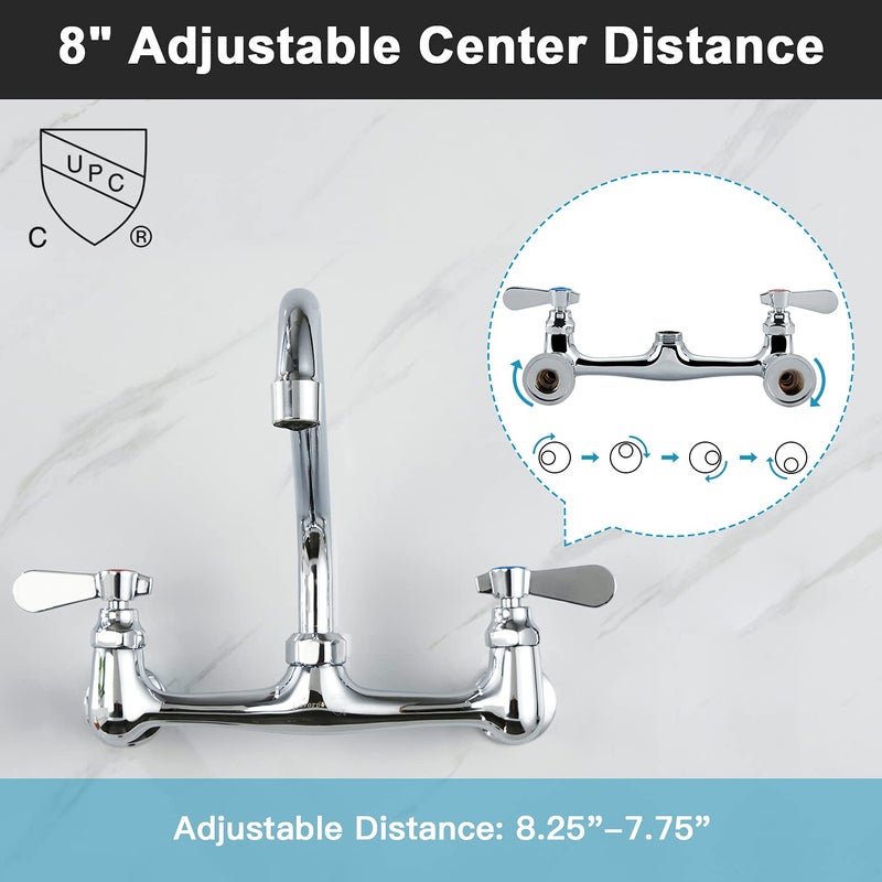 Favorpo Wall Mount Faucet 8 Inch Center Commercial Kitchen Faucet, 12 Inches Swivel Spout Wall Mounted Restaurant Sink Faucets 2 Handle Commercial Faucets for Laundry Utility(Polished,12") - Image 3