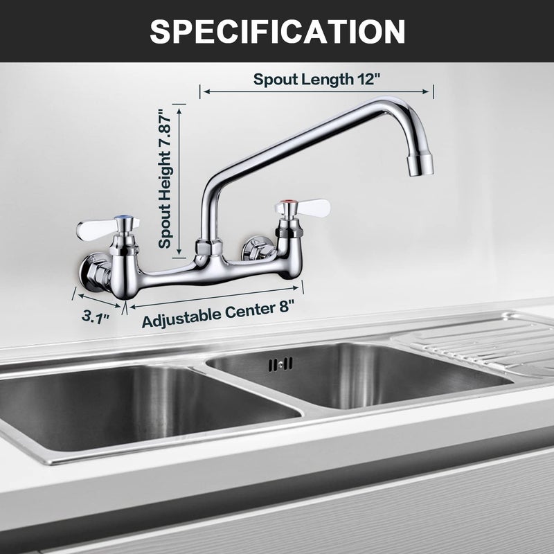 Favorpo Wall Mount Faucet 8 Inch Center Commercial Kitchen Faucet, 12 Inches Swivel Spout Wall Mounted Restaurant Sink Faucets 2 Handle Commercial Faucets for Laundry Utility(Polished,12") - Image 5