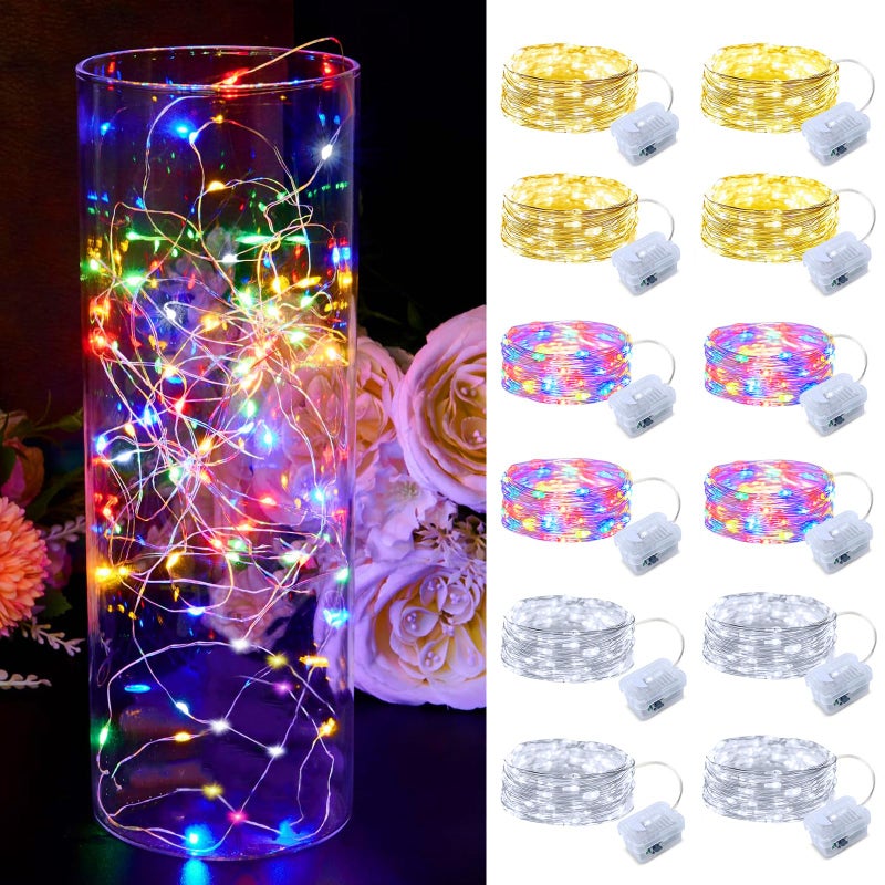 12pack LED Fairy Lights - 3 Colors, Battery Operated Mini String Lights, 7FT 20LED Silver Wire Fairy Lights Mini Firefly Starry String Lights Waterproof Twinkle Lights for Wedding Christmas Decor