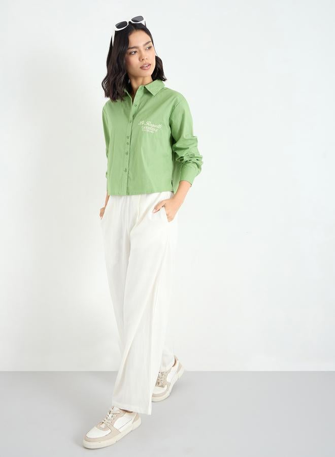 Styli Green Crop Poplin Shirt with Embroidery - Image 2