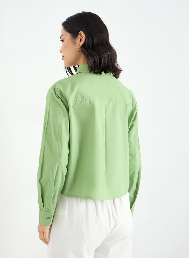 Styli Green Crop Poplin Shirt with Embroidery - Image 5