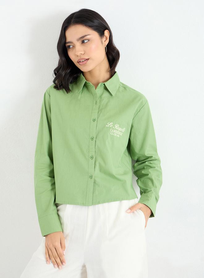 Styli Green Crop Poplin Shirt with Embroidery - Image 3
