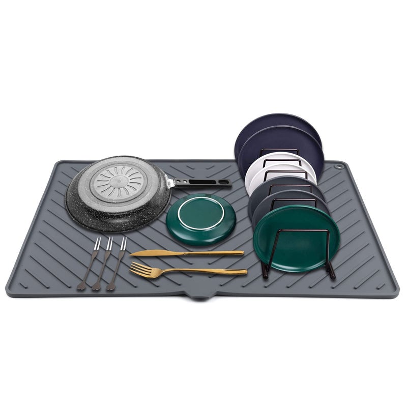 IYYI Dish Drying Mat Silicone Dish Drying Mat for Kitchen Counter Extra Thick Large Dish Drainboard Mat with Builtin Drain Nonsilp Heat Resistant Dishwasher Safe Gray 24 x 15