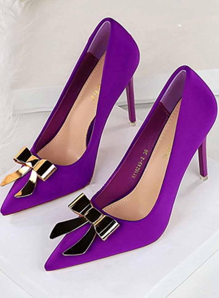 BIGTREE Women's Metal Bowknot Decoration Party Stiletto Pumps Satin Pointed Closed Toe High Heels Purple 10.5CM - Image 1