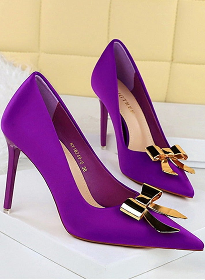 BIGTREE Women's Metal Bowknot Decoration Party Stiletto Pumps Satin Pointed Closed Toe High Heels Purple 10.5CM - Image 2