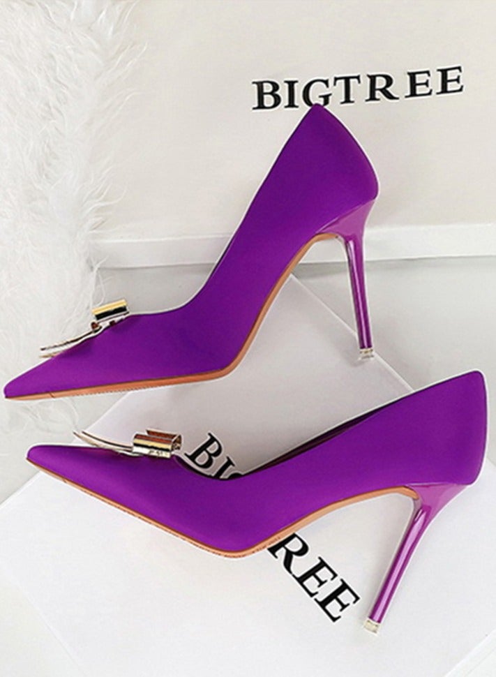 BIGTREE Women's Metal Bowknot Decoration Party Stiletto Pumps Satin Pointed Closed Toe High Heels Purple 10.5CM - Image 3