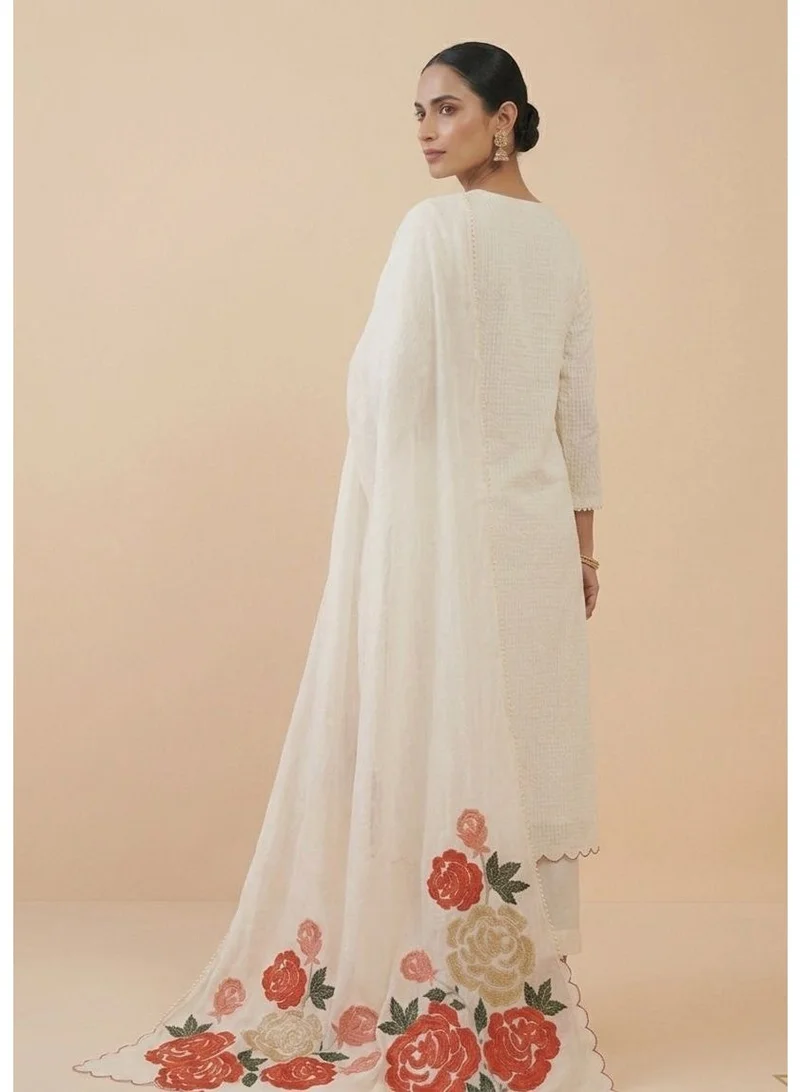 PRIYA’S PANACHE white Unstitched White Roman Silk 3 Piece Suit for Women | Pure Silk Kurta Set with Organza Dupatta | Indian Pakistani Dress for Ladies | Ethnic Wear Kurta Churidar Set | Free Size Indian Clothing for Women | Best Price UAE