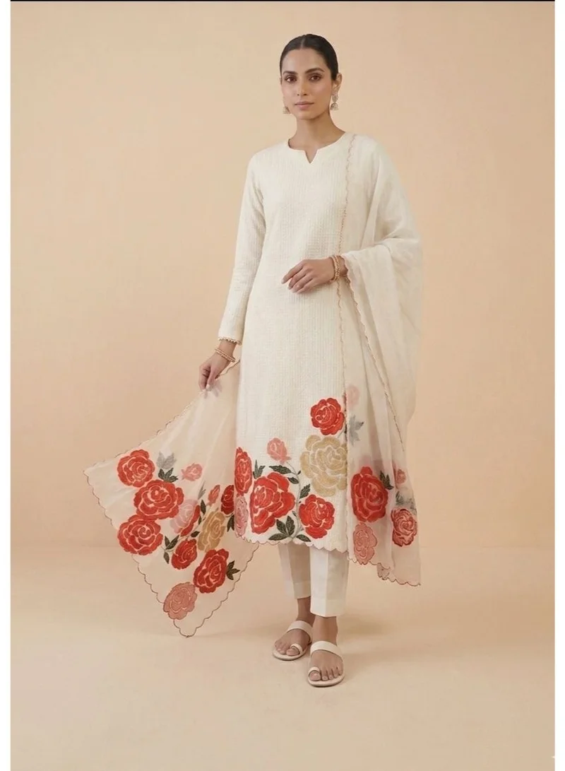 PRIYA’S PANACHE white Unstitched White Roman Silk 3 Piece Suit for Women | Pure Silk Kurta Set with Organza Dupatta | Indian Pakistani Dress for Ladies | Ethnic Wear Kurta Churidar Set | Free Size Indian Clothing for Women | Best Price UAE