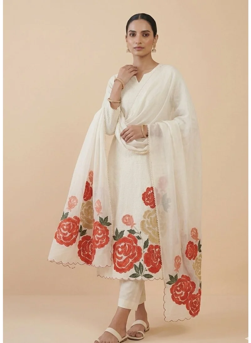 PRIYA’S PANACHE white Unstitched White Roman Silk 3 Piece Suit for Women | Pure Silk Kurta Set with Organza Dupatta | Indian Pakistani Dress for Ladies | Ethnic Wear Kurta Churidar Set | Free Size Indian Clothing for Women | Best Price UAE