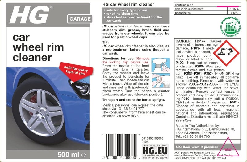 HG Wheel rim cleaner 500 ml, for shiny clean rims, removes dirt - Pre-treatment Car Wash 154050106 - Image 4