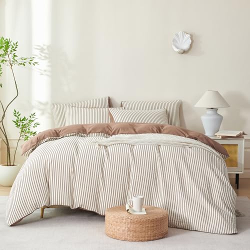 BUPIRD Mocha Brown Comforter Set King Striped Soft Washed Microfiber Jacquard 3 Pieces Striped Bedding Sets Mocha Brown White Comforter for All Seasons and 2 Pillowcases Comfort Breathable - Image 3