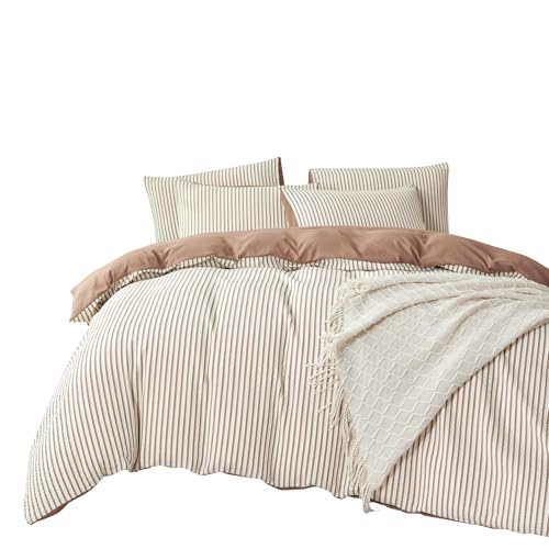 BUPIRD Mocha Brown Comforter Set King Striped Soft Washed Microfiber Jacquard 3 Pieces Striped Bedding Sets Mocha Brown White Comforter for All Seasons and 2 Pillowcases Comfort Breathable - Image 2