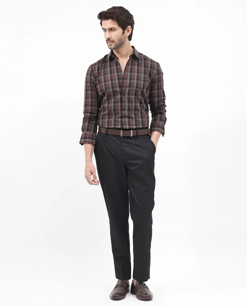 Rare Rabbit Rare Rabbit Men's Shiloh Brown Cotton Fabric Full Sleeve Regular Fit Checks Shirt